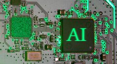 Glowing AI Chip on a Circuit Board