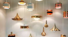 gold and red pendant lamps
