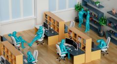 a group of desks with blue figures on them